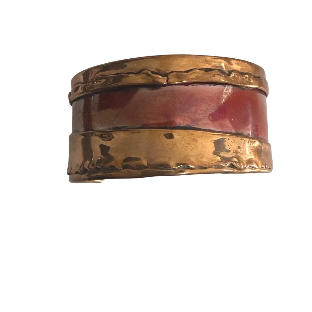 Anna Schramke Art Lowensten Handcrafted Solid Copper Red Enamel Cuff Bracelet